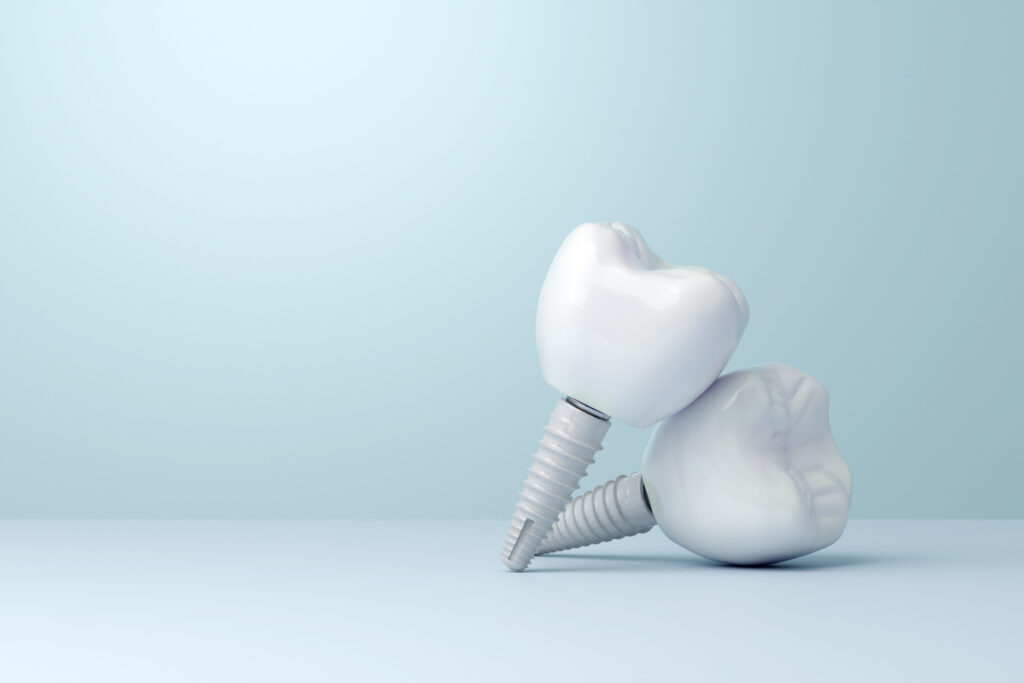 Zirconia dental implant with copy space on blue background. 3D rendering